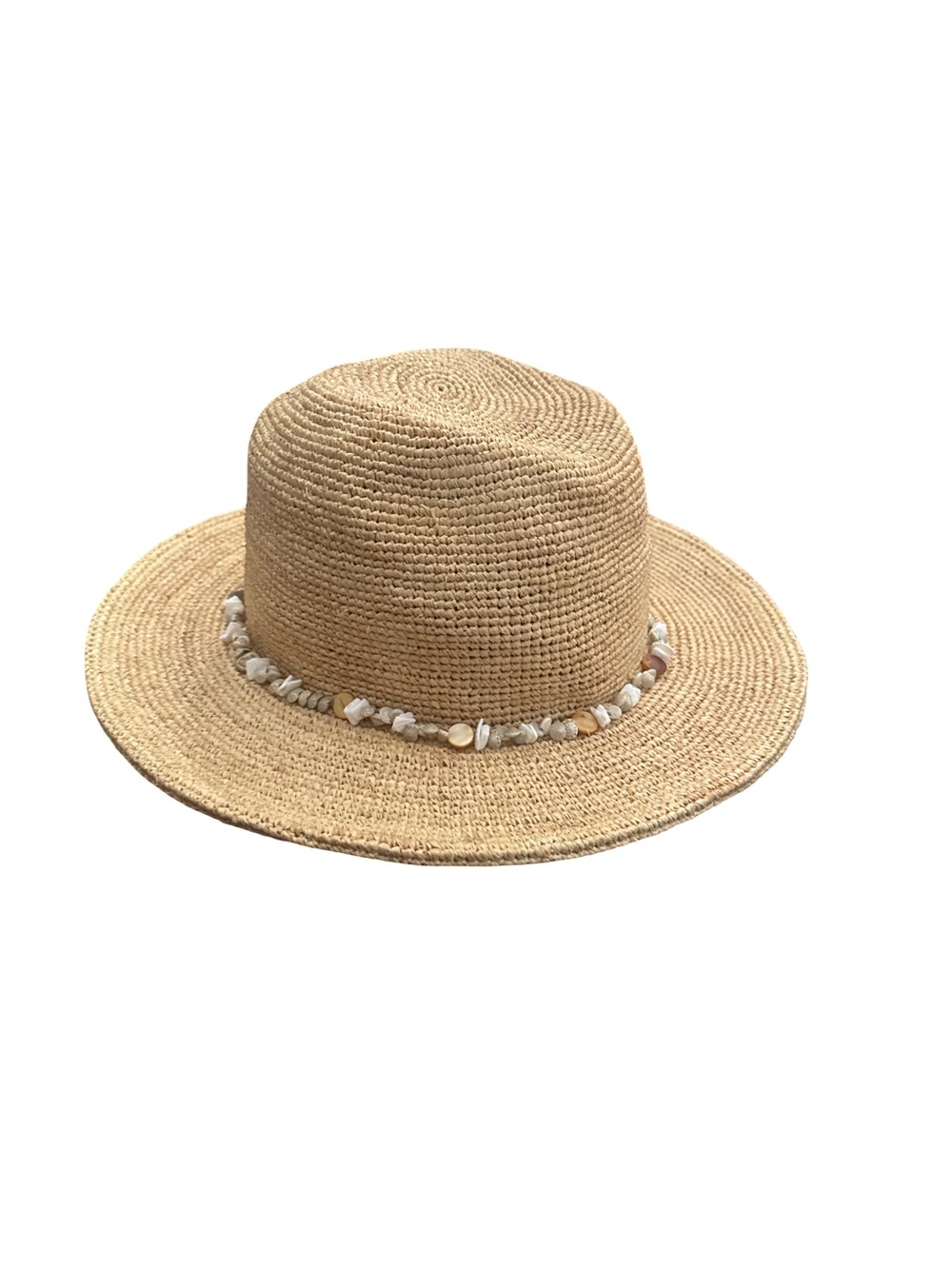Zara Natural Straw Fedora Hat with Shell Trim - Beige